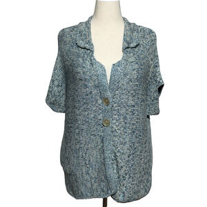 J Jill Cardigan Womens 2X Blue Chunky Knit Short Sleeve Big Buttons Up‎ Sweater